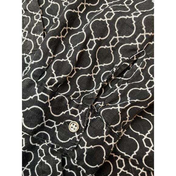 Charter Club Sz XL Linen Blouse Top Black White Long Sleeves Roll Tab - Picture 7 of 10